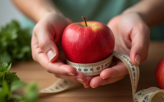 A person's hands holding a vibrant red apple and a measuring tape, symbolizing heart-healthy nutrition and active lifestyle choices.