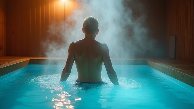 Person transitioning from a sauna to a cold plunge, representing temperature therapy.