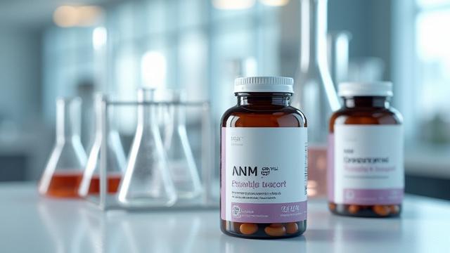 Bottles of NMN and Resveratrol supplements arranged scientifically on a lab bench.
