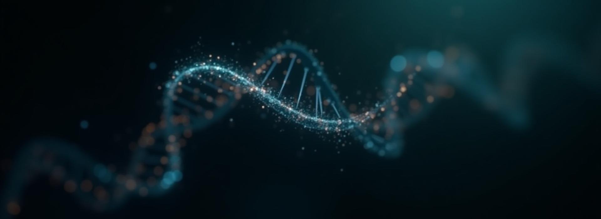 Abstract representation of DNA strands and data points morphing into healthy food images