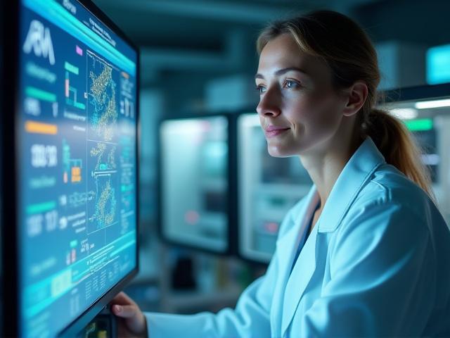 Scientist working in a modern lab with genetic sequencing equipment in the background, showing data on screens
