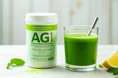 AG1 by Athletic Greens powder in a branded container next to a glass of green liquid.