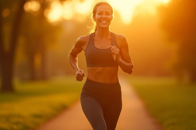 A confident woman in her 50s smiling while on a healthy morning run